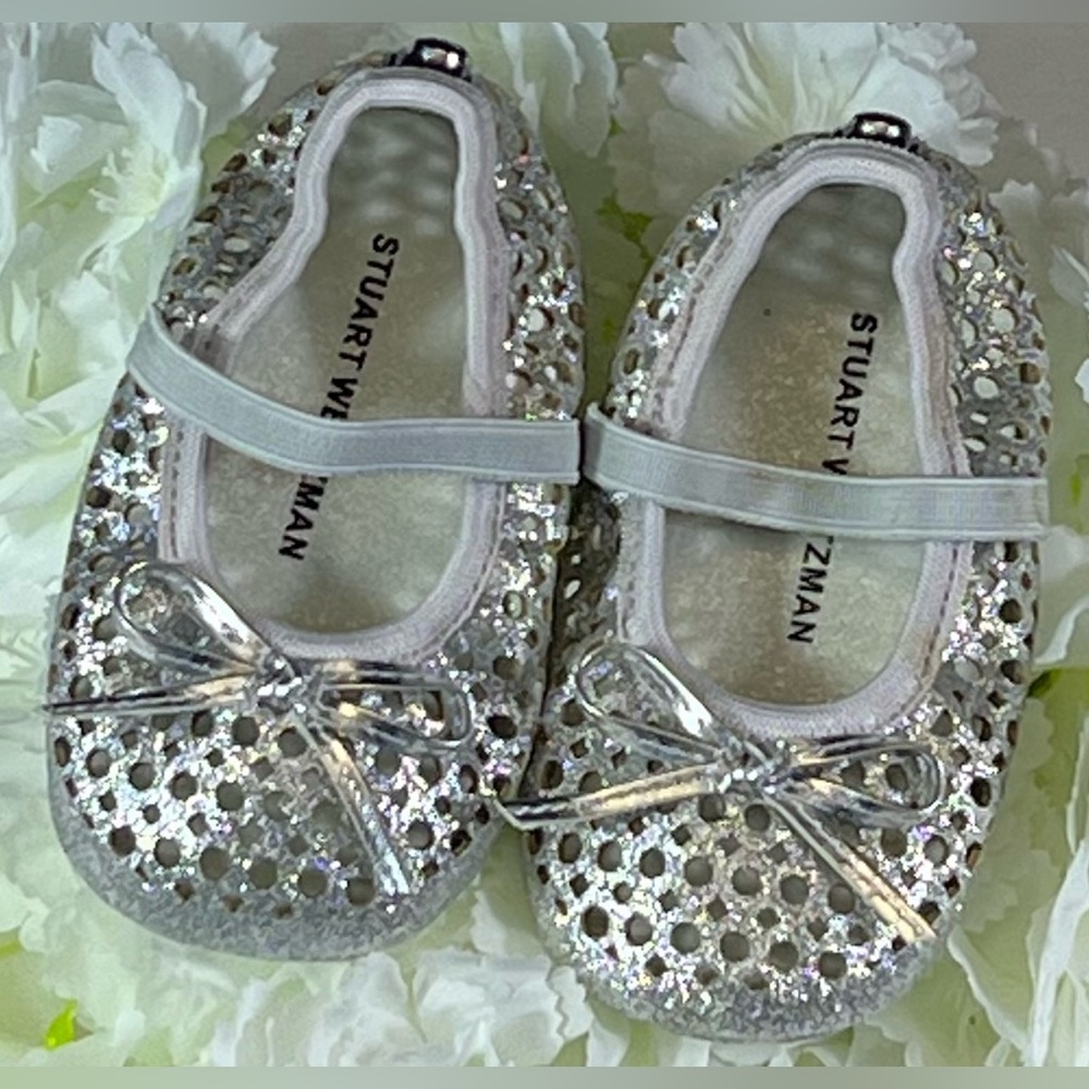 Stuart Weitzman "My First Weitzmans" Silver Glittery Ballet Flats Infant Size 4 - Picture 3 of 15